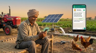 Indian farmer accessing government services via smartphone, with modern agricultural equipment including tractor, solar pump, drone, and livestock in rural Maharashtra setting